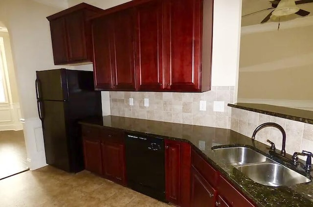 1139 Prides Xing, Aiken, SC 29801 - kitchen featuring reddish brown cabinets, black appliances, a ceiling fan, backsplash, and dark stone counters