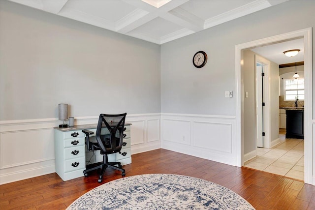 945 Watermark Dr, Evans, GA 30809 - office with hardwood / wood-style floors, beam ceiling, coffered ceiling, wainscoting, and crown molding