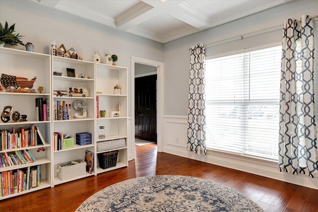 945 Watermark Dr, Evans, GA 30809 - living area with beam ceiling, coffered ceiling, a wainscoted wall, wood finished floors, and ornamental molding