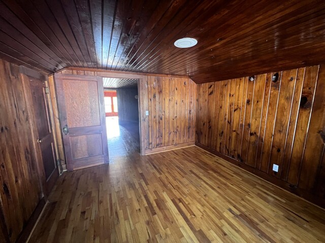 additional living space with wooden walls, wood ceiling, and wood-type flooring