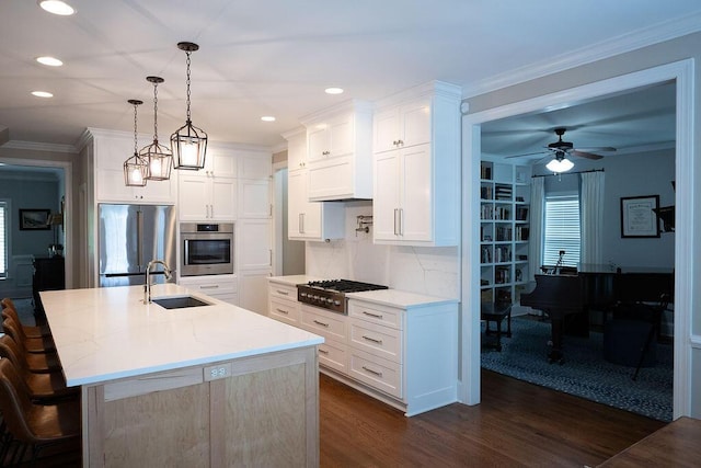 295 River Wind Dr, North Augusta, SC 29841 - kitchen featuring stainless steel appliances, dark wood-style floors, white cabinetry, ceiling fan, and recessed lighting