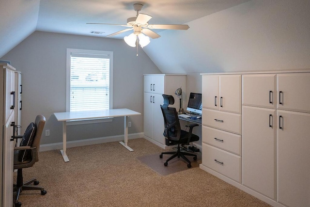 295 River Wind Dr, North Augusta, SC 29841 - home office featuring lofted ceiling, a ceiling fan, and light colored carpet