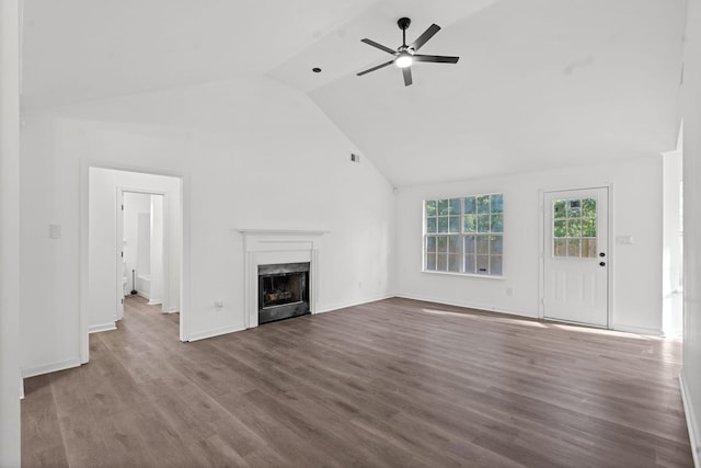 428 Madison St, Grovetown, GA 30813 - unfurnished living room featuring vaulted ceiling, ceiling fan, a fireplace, dark wood-style flooring, and baseboards