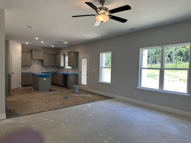 1457 Elias Sta, Thomson, GA 30824 - kitchen featuring tasteful backsplash, ceiling fan, sink, gray cabinets, and a kitchen island