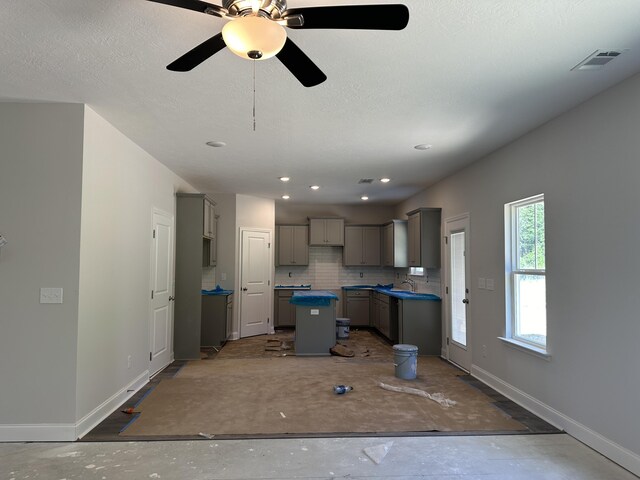 1457 Elias Sta, Thomson, GA 30824 - kitchen with decorative backsplash, ceiling fan, sink, gray cabinets, and a kitchen island