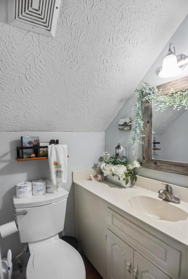 bathroom with vanity, vaulted ceiling, and toilet