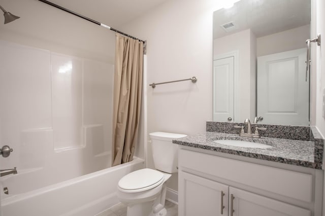 full bathroom with vanity, toilet, and shower / bathtub combination with curtain