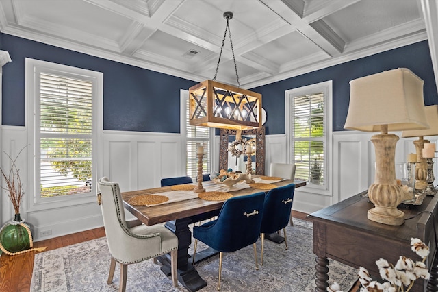 dining room with wainscoting, beamed ceiling, coffered ceiling, wood finished floors, and crown molding