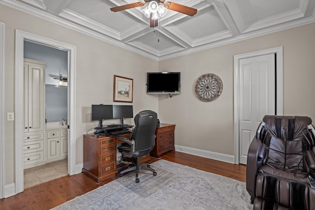 home office with coffered ceiling, a ceiling fan, wood finished floors, ornamental molding, and baseboards