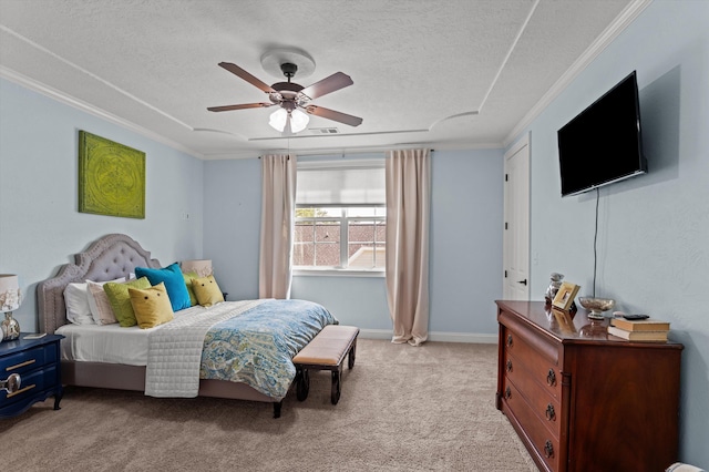 bedroom with light carpet, crown molding, a textured ceiling, a ceiling fan, and baseboards