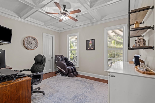 office featuring a ceiling fan, coffered ceiling, dark wood-type flooring, baseboards, and beamed ceiling