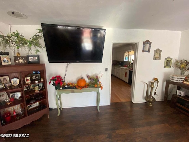 living room featuring dark wood-type flooring