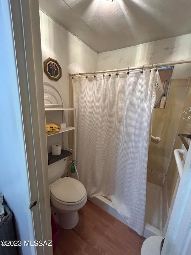 bathroom with toilet and hardwood / wood-style floors