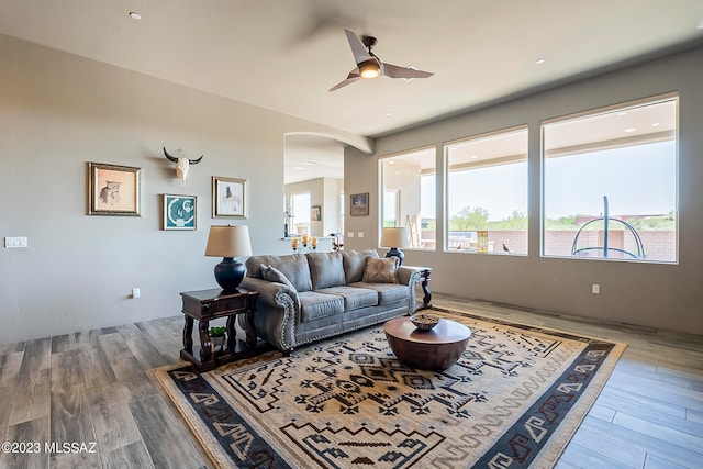 living room with ceiling fan and hardwood / wood-style flooring