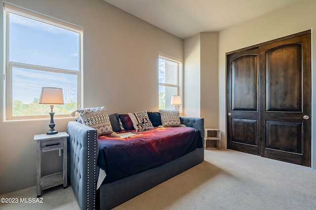 bedroom featuring light colored carpet