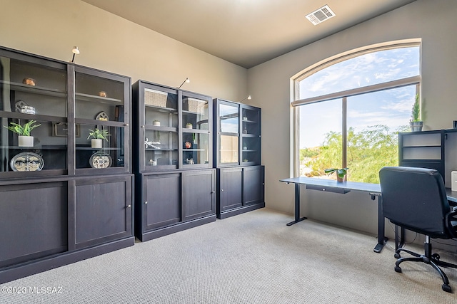 office area with plenty of natural light and light colored carpet