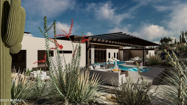 back of house with a pergola, an outdoor living space with a fire pit, and a patio