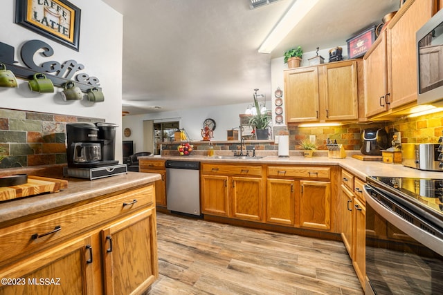 kitchen featuring tasteful backsplash, light wood-type flooring, sink, and stainless steel appliances