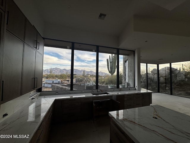 kitchen featuring a mountain view, light stone countertops, and plenty of natural light