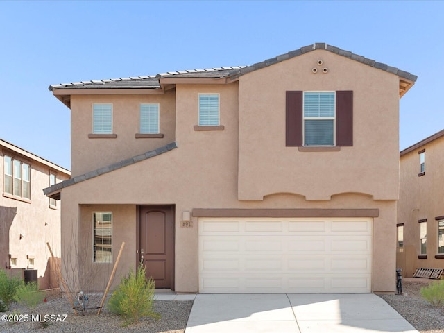 view of front of home featuring stucco siding, concrete driveway, an attached garage, cooling unit, and a tiled roof