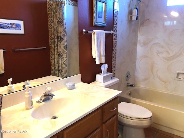 full bathroom featuring tile patterned flooring, shower / tub combo, vanity, and toilet