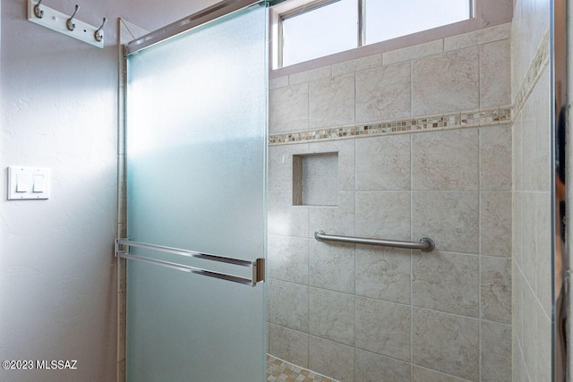 bathroom with a shower with shower door