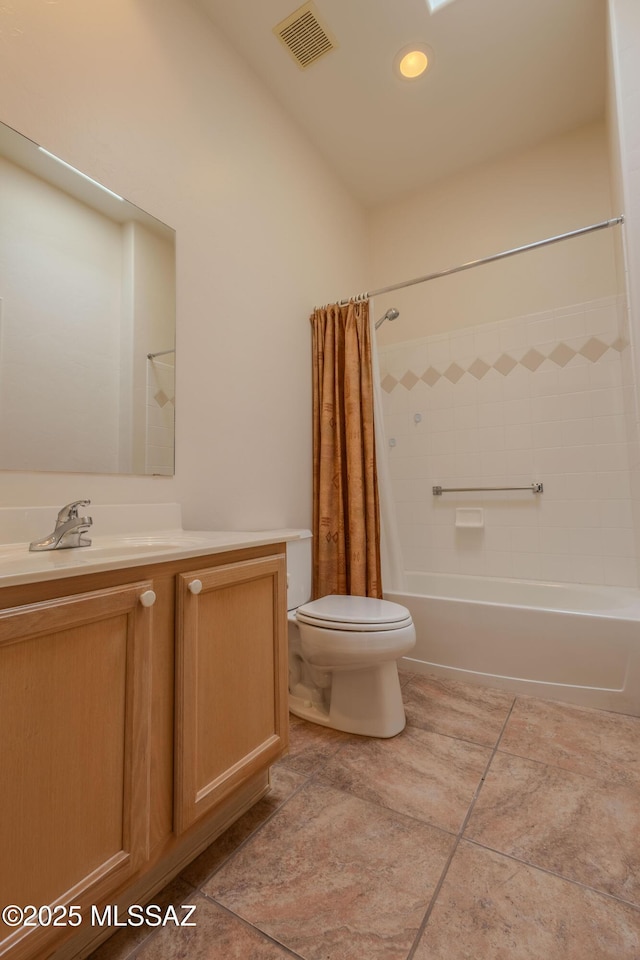 full bathroom featuring shower / bathtub combination with curtain, vanity, and toilet