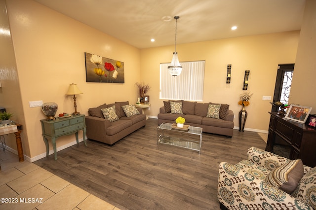 living room with dark hardwood / wood-style floors