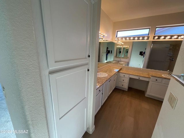 bathroom with hardwood / wood-style floors and vanity