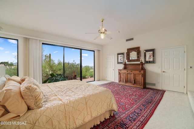 carpeted bedroom with access to outside and ceiling fan