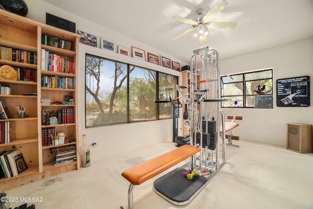 exercise room with ceiling fan, carpet floors, and a wealth of natural light