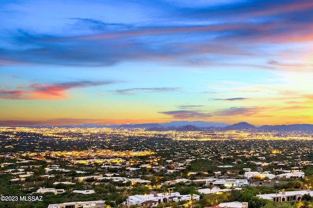 aerial view at dusk with a mountain view