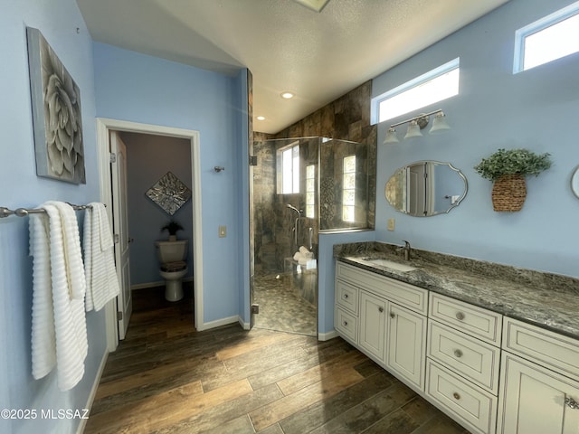 bathroom featuring a shower stall, baseboards, toilet, wood finished floors, and vanity