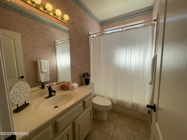 full bath with tile patterned flooring, wallpapered walls, toilet, shower / tub combo with curtain, and vanity