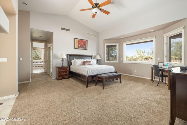 carpeted bedroom featuring ceiling fan and lofted ceiling