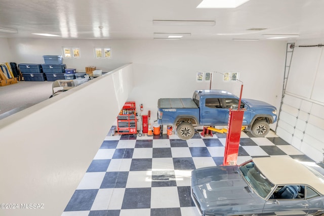 interior space with dark tile floors