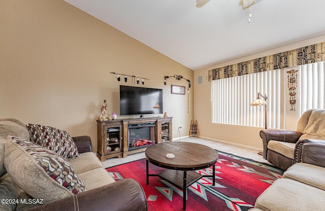 tiled living room featuring lofted ceiling