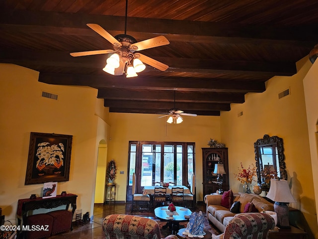 tiled living room featuring ceiling fan, wooden ceiling, and beamed ceiling