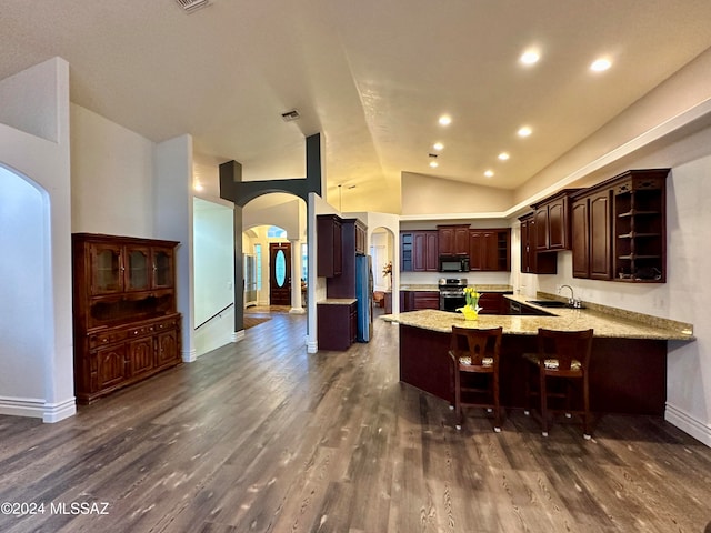 464 N 1st Ave, Thatcher, AZ 85552 - kitchen featuring kitchen peninsula, dark hardwood / wood-style flooring, stainless steel appliances, and lofted ceiling