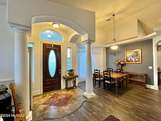 464 N 1st Ave, Thatcher, AZ 85552 - foyer entrance with dark hardwood / wood-style flooring, lofted ceiling, and decorative columns