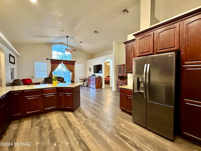 464 N 1st Ave, Thatcher, AZ 85552 - kitchen featuring ceiling fan, light stone countertops, stainless steel refrigerator with ice dispenser, lofted ceiling, and hardwood / wood-style flooring