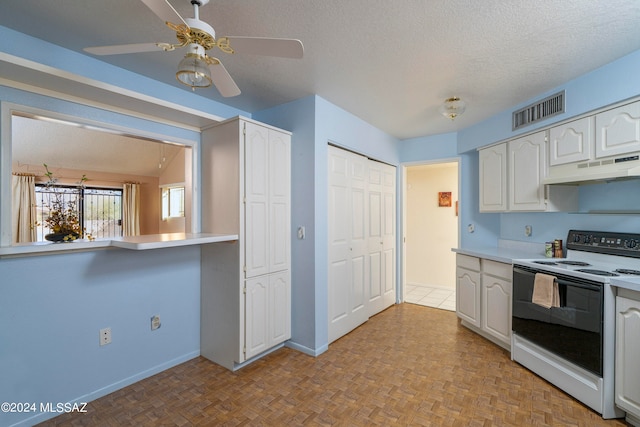 kitchen with white cabinetry, a textured ceiling, white electric stove, light parquet flooring, and ceiling fan