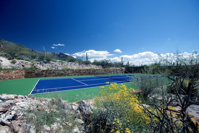 view of sport court featuring a mountain view