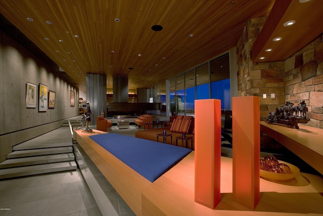 interior space featuring wooden ceiling