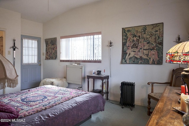 bedroom with lofted ceiling and radiator heating unit