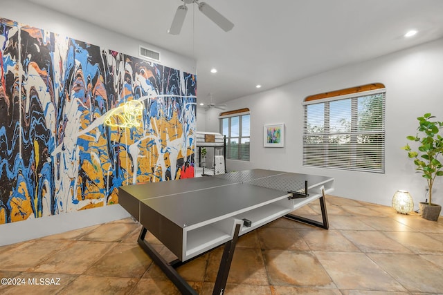 recreation room featuring ceiling fan