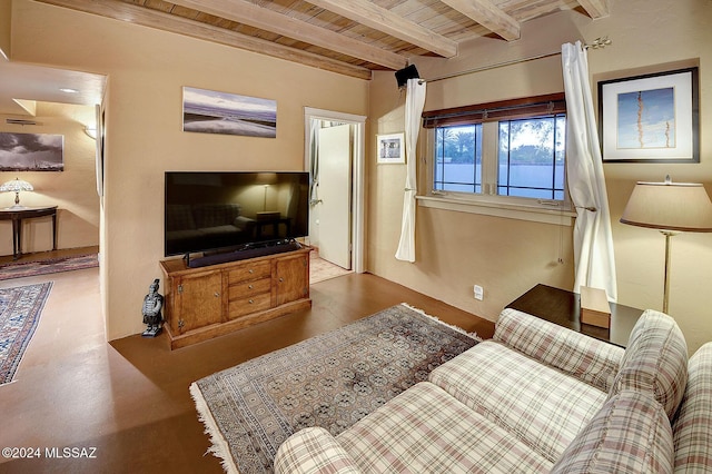 living room with wood ceiling and beamed ceiling