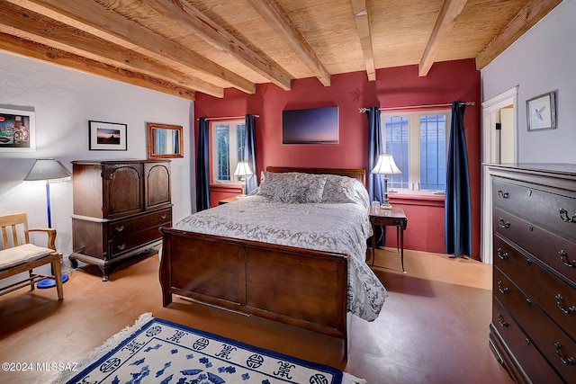 bedroom featuring wooden ceiling and beam ceiling