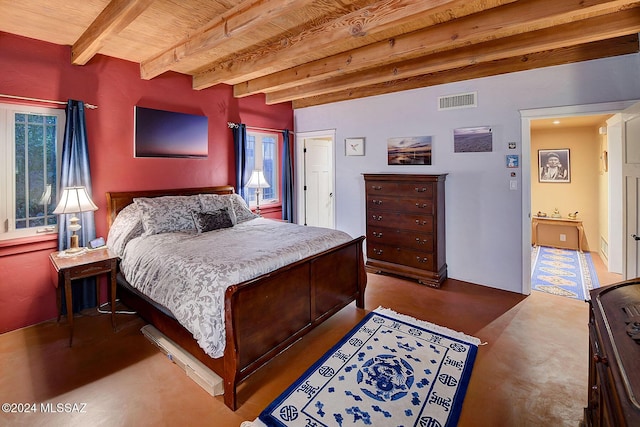 bedroom with beam ceiling and wooden ceiling