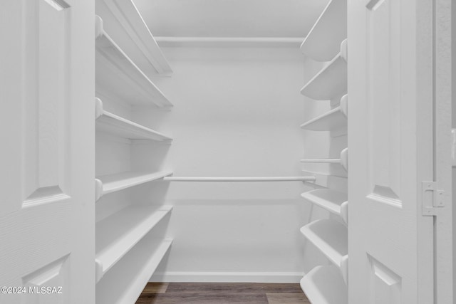 walk in closet with dark hardwood / wood-style flooring